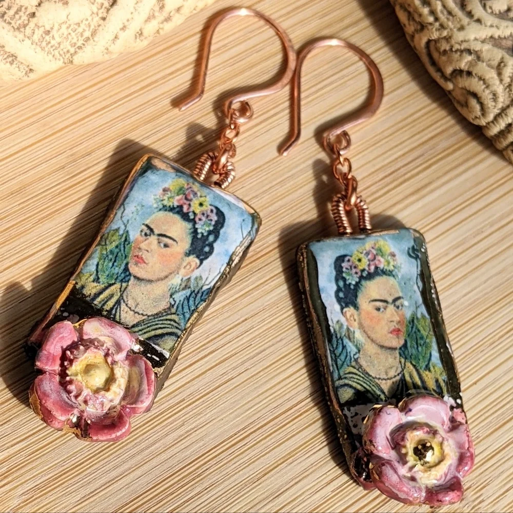 Unique Frida Khalo Earrings Artisan Crafted Lightweight Ceramic Charms - Picture 2 of 16
